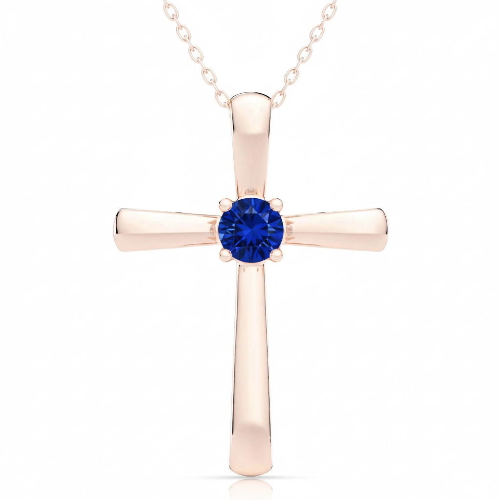 Colgante Cruz con Zafiro 0.25 ct Plata Chapada Oro Rosa