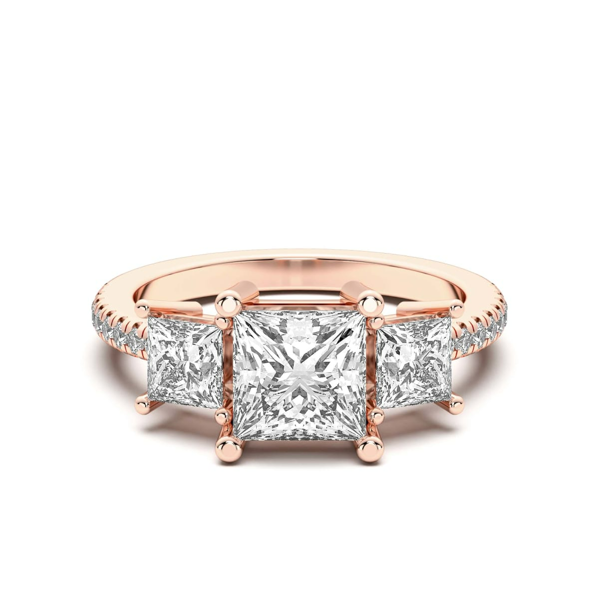 Anillo de Compromiso de Tres Piedras Acentuado Princesa 2.00 ct Diamante Natural Oro Rosa 750 (18K) (Rose)