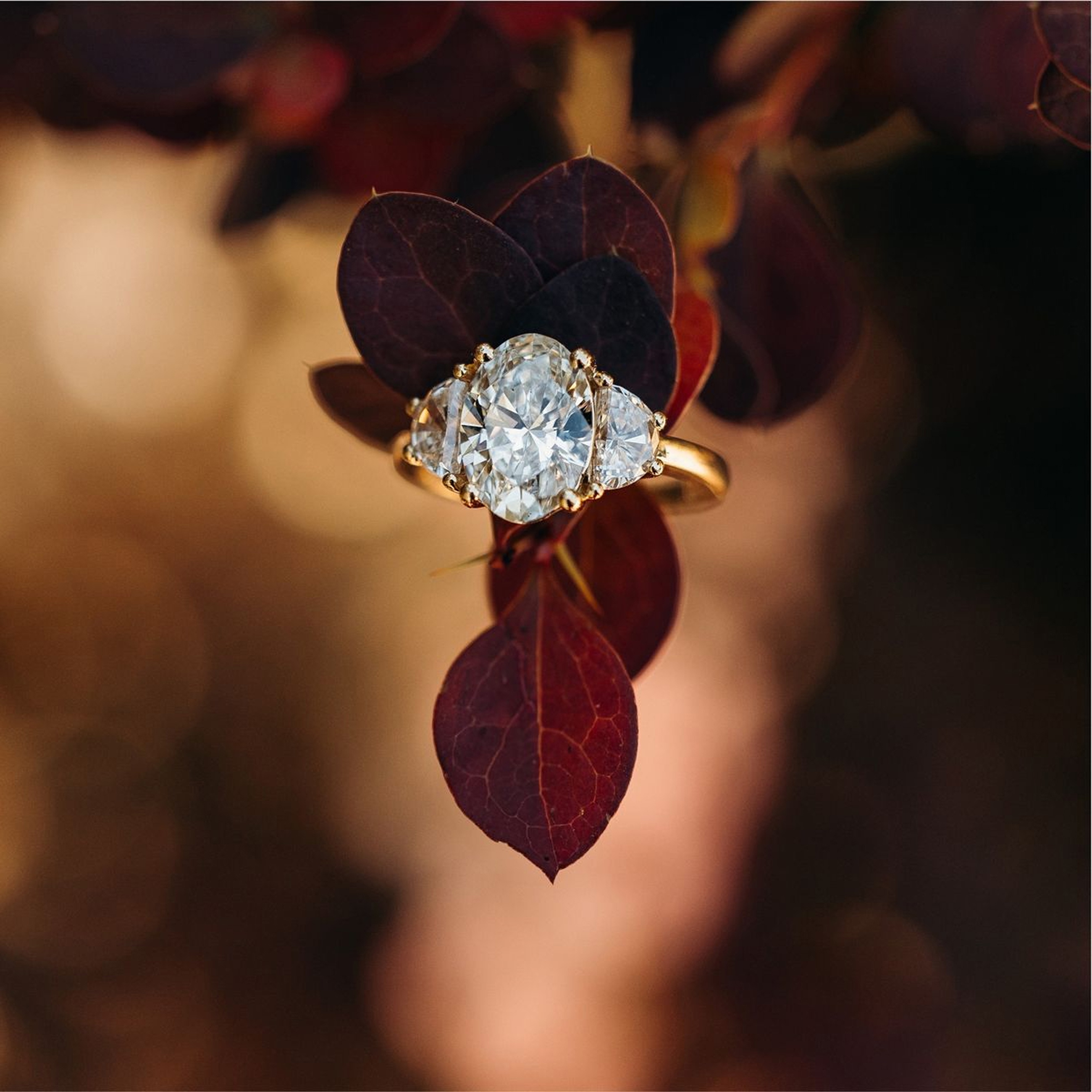 Rose gold engagement ring set against autumn foliage